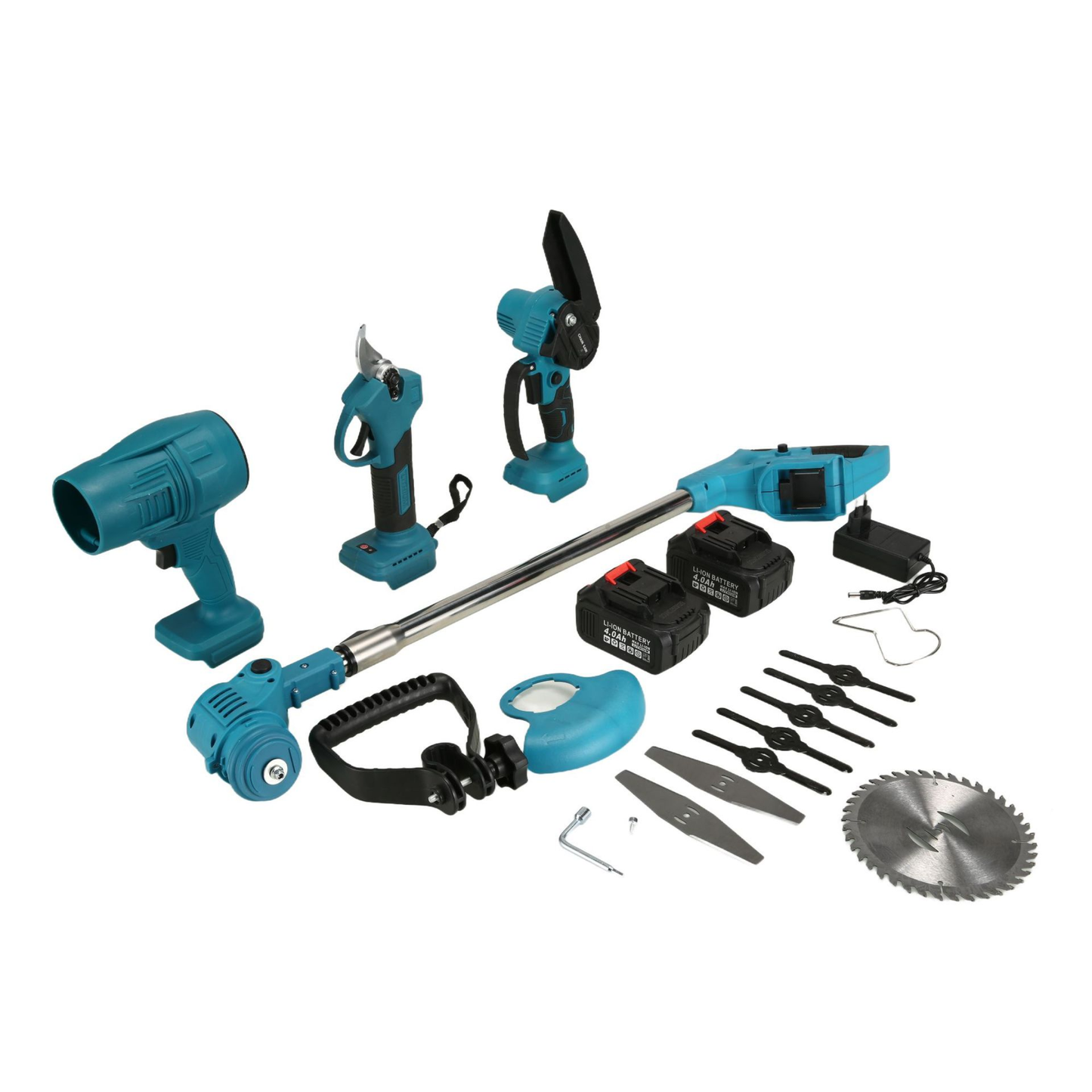 Aku set 4u1 – škare, puhač, trimer i pila sa 2 baterije