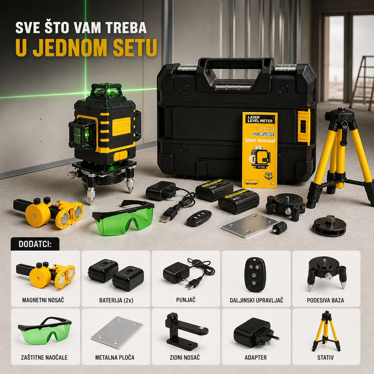 Profesionalni laserski nivelir 4D – 16 linija 360° (zeleni laser)